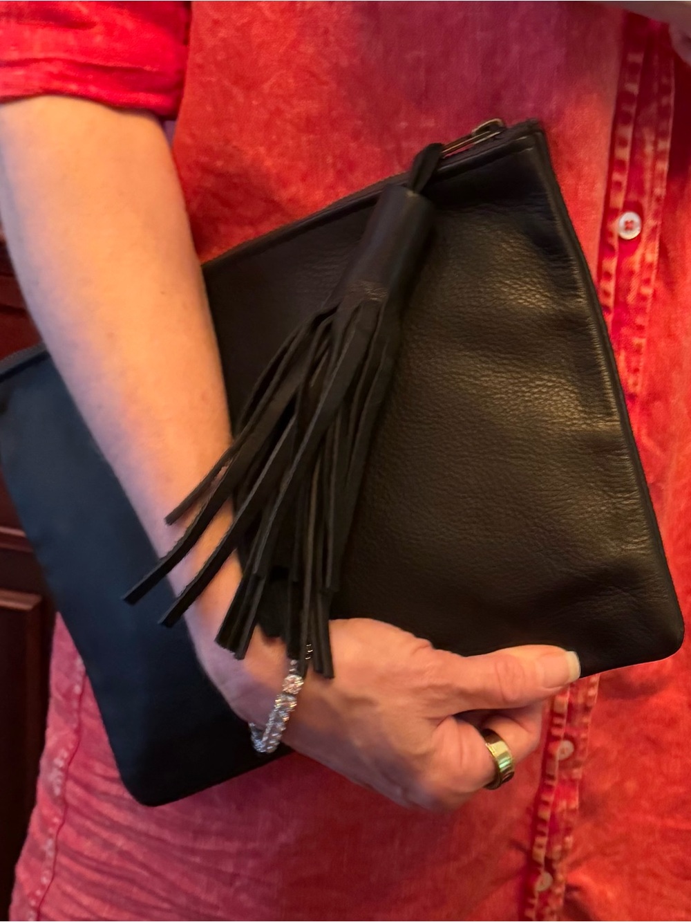 IOMOI Parker Thatch Black Leather Tassel Clutch